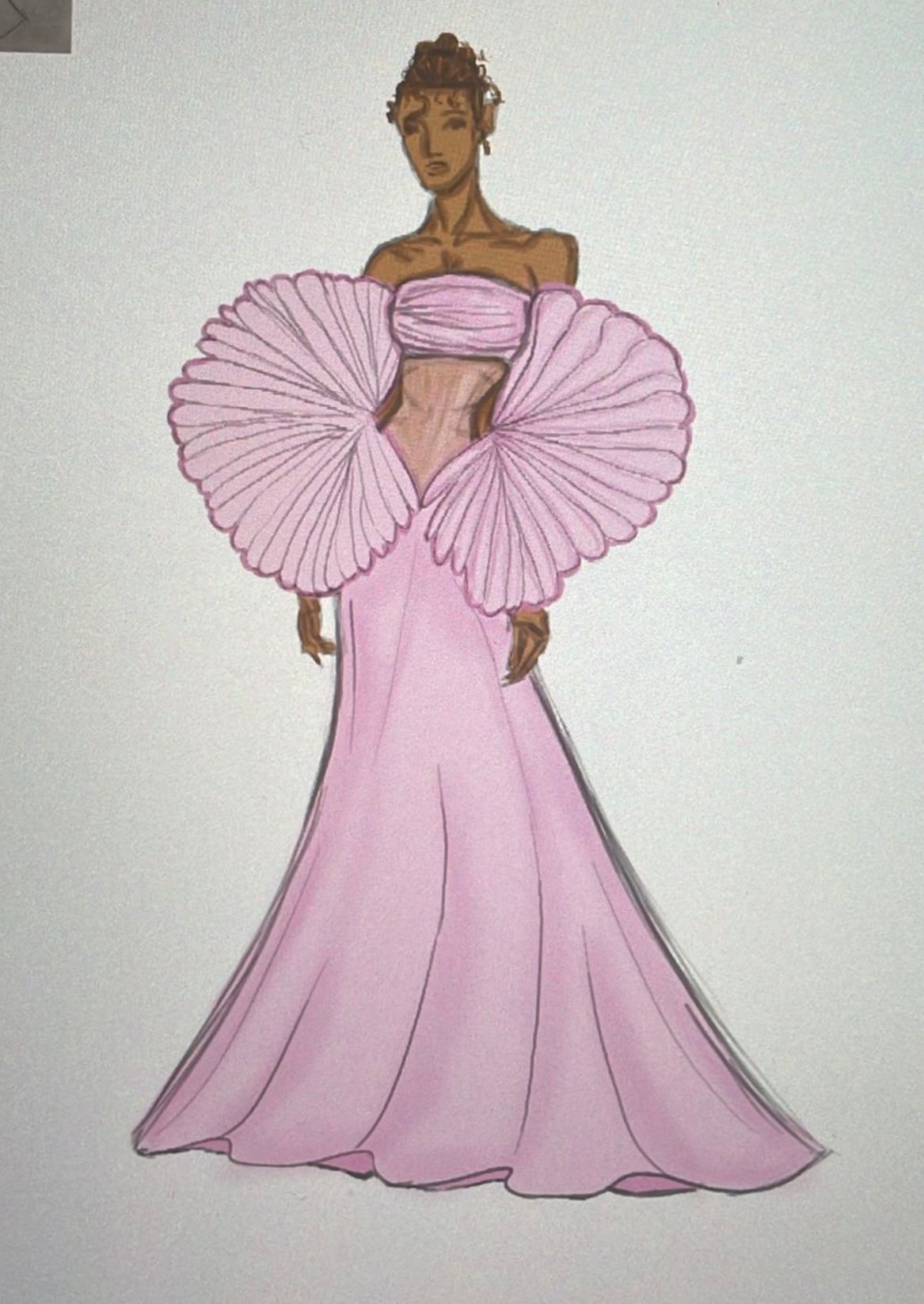 Kolorierte Illustration des Looks: rosa Robe mit großem gefächertem Rückenteil.