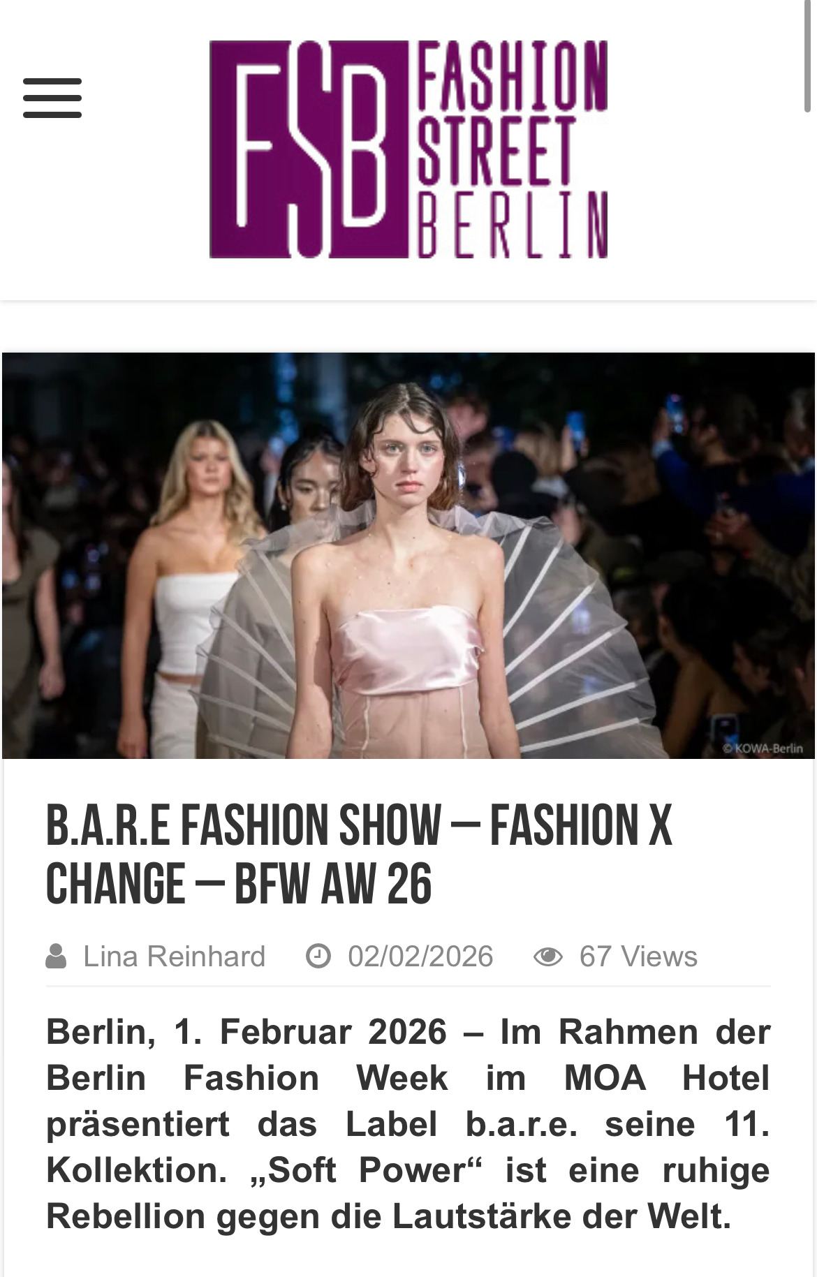 Screenshot des Beitrags von Fashion Street Berlin über die b.a.r.e. Show.