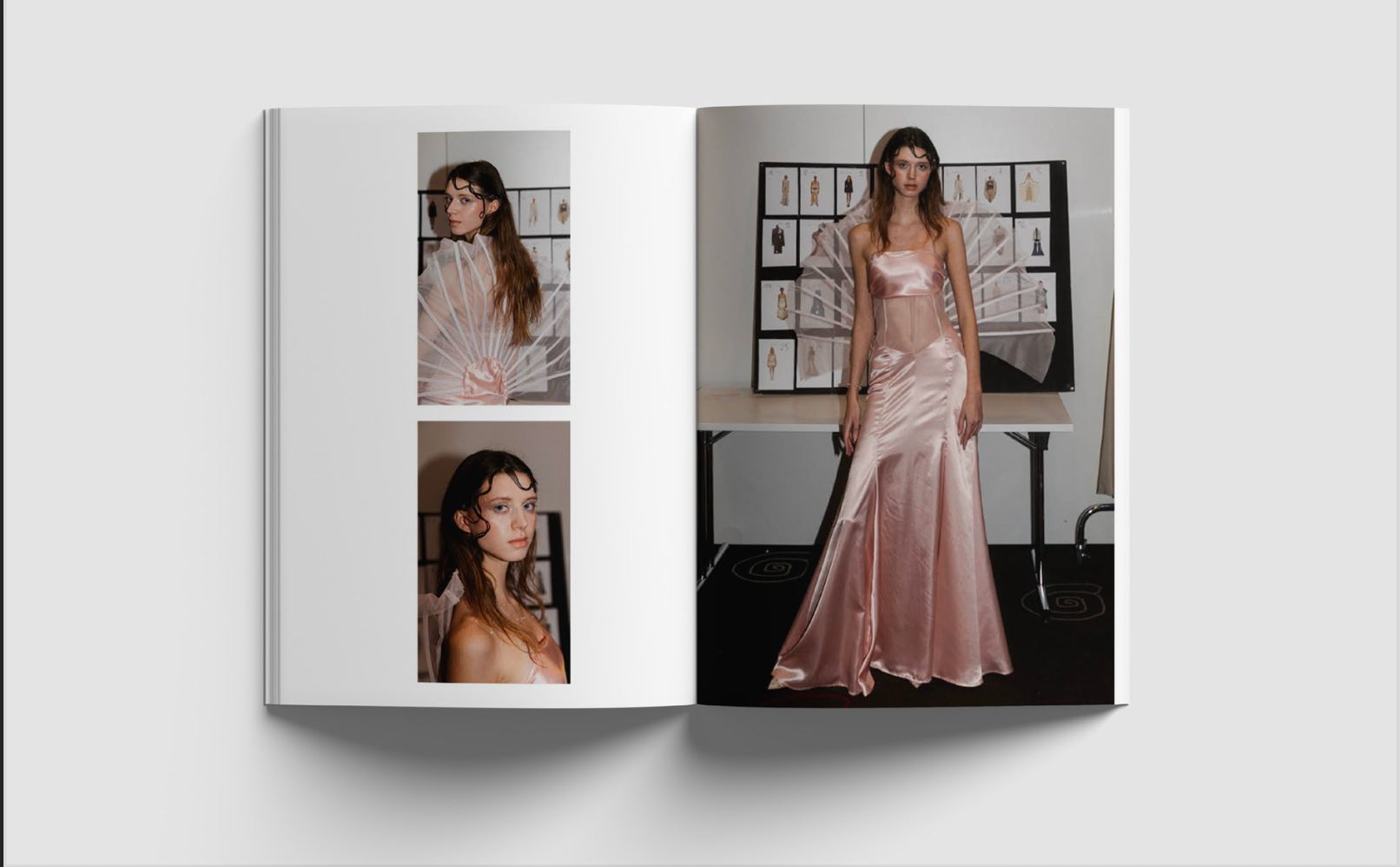 Lookbook-Doppelseite mit Detailaufnahmen und einer Laufstegaufnahme des Looks.