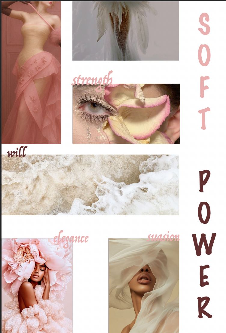 Moodboard mit Aufnahmen in Rosé und Creme und handschriftlichen Begriffen.