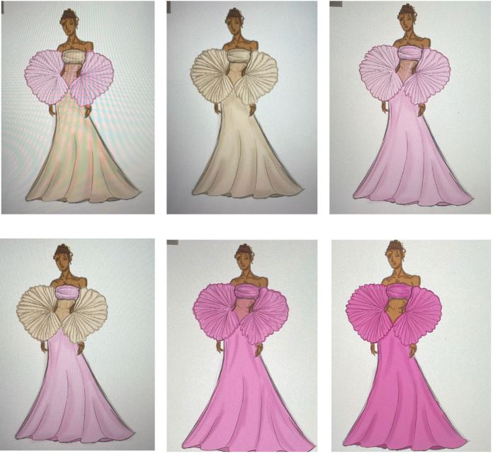 Sechs kolorierte Varianten desselben Kleides in Creme-, Rosé- und Pinktönen.